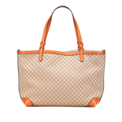 Gucci B Gucci Brown Beige with Orange Canvas Fabric Medium Diamante Craft Tote Italy