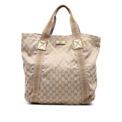 Gucci B Gucci Brown Beige with Gold Canvas Fabric GG Web Tote Italy