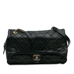 Chanel B Chanel Black Calf Leather Large Quilted Iridescent skin Shiva Flap Italy