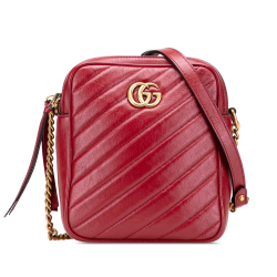 Gucci B Gucci Red Calf Leather GG Marmont Matelasse Double Zip Crossbody Italy