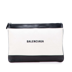 Balenciaga AB Balenciaga White Canvas Fabric M Navy Clip Clutch Italy