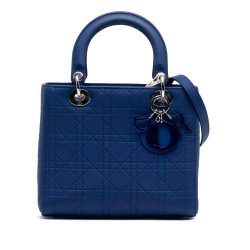 Christian Dior B Dior Blue Dark Blue Lambskin Leather Leather Medium Lambskin Cannage Lady Dior Italy