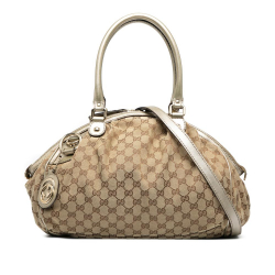 Gucci AB Gucci Brown Beige Canvas Fabric GG Sukey Satchel Italy