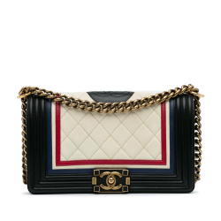 Chanel AB Chanel White with Black Lambskin Leather Leather Crest-Embellished Medium Boy Bag Italy