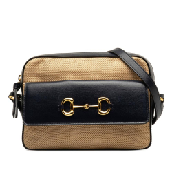 Gucci B Gucci Brown Beige with Blue Midnight Blue Canvas Fabric Horsebit 1955 Flap Pocket Camera Bag Italy