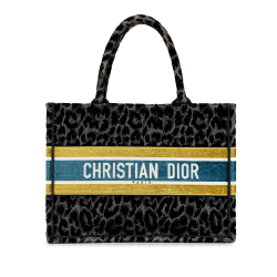 Christian Dior B Dior Black Canvas Fabric Mizza Medium Embroidered Leopard Book Tote Italy