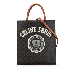 Celine B Celine Brown Dark Brown Coated Canvas Fabric Small Paris Print Triomphe Vertical Cabas Tote Italy