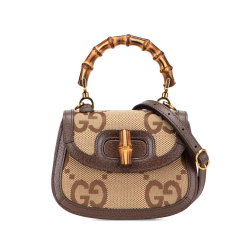 Gucci AB Gucci Brown Canvas Fabric Mini Jumbo GG 1947 Bamboo Top Handle Bag Italy