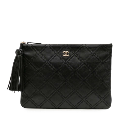 Chanel Black Medium Quilted Lambskin Double Stitch Tassel O Case Clutch Italy
