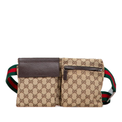 Gucci B Gucci Brown Canvas Fabric GG Web Double Pocket Belt Bag Italy