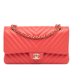 Chanel B Chanel Red Indian Red Lambskin Leather Leather Medium Classic Chevron Lambskin Double Flap France