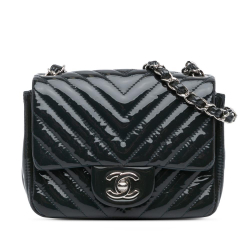 Chanel B Chanel Blue Navy Patent Leather Leather Mini Square Classic Chevron Patent Single Flap Italy