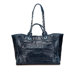 Chanel B Chanel Blue Navy Calf Leather Medium Glazed skin and Caviar Deauville Tote Italy