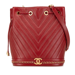 Chanel B Chanel Red Lambskin Leather Leather Paris Cosmopolite Medium Chevron Lambskin Bucket Bag Italy