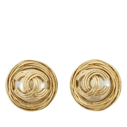 Chanel AB Chanel Gold with White Pearl Gold Plated Metal CC Faux Pearl Round Clip on Earrings France