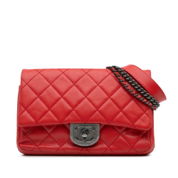 Chanel B Chanel Red Goatskin Leather Small Quilted Double Carry Waist Chain Flap Italy