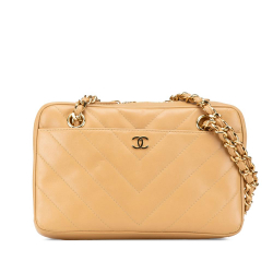 Chanel B Chanel Brown Beige Lambskin Leather Leather CC Chevron Quilted Lambskin Chain Shoulder Bag Italy