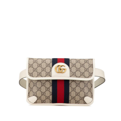 Gucci AB Gucci Brown Beige with White Coated Canvas Fabric GG Supreme Ophidia Belt Bag Italy