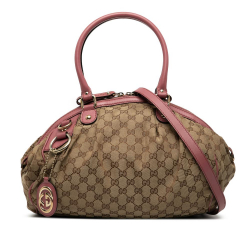 Gucci B Gucci Brown Beige with Pink Canvas Fabric GG Sukey Satchel Italy