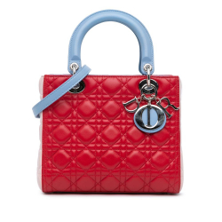 Christian Dior B Dior Red with Multi Lambskin Leather Leather Medium Tricolor Lambskin Cannage Lady Dior Italy