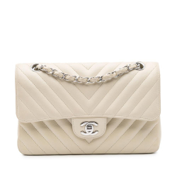 Chanel B Chanel White Off White Lambskin Leather Leather Small Classic Chevron Lambskin Double Flap France
