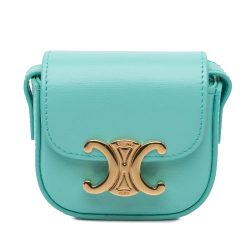 Celine B Celine Blue Turquoise Calf Leather Triomphe AirPods Case with Strap Italy