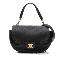 Chanel B Chanel Black Lambskin Leather Leather CC Chevron Lambskin Round Flap Satchel Italy