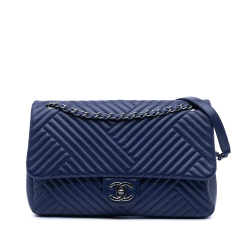 Chanel B Chanel Blue Dark Blue Lambskin Leather Leather Large Lambskin CC Crossing Flap Italy