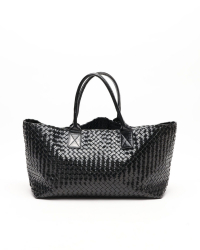 Bottega Veneta Patent Intrecciato Cabat MM Tote Bag