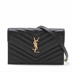 Saint Laurent Cassandre Envelope Grained Calfskin Leather Chevron Quilted Wallet on Chain Shoulder Bag Black