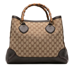 Gucci B Gucci Brown Beige Canvas Fabric Medium GG Bamboo Diana Tote Italy