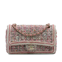 Chanel B Chanel Pink Tweed Fabric Medium Classic Braided Double Flap France