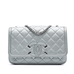 Chanel B Chanel Silver Caviar Leather Leather Small Quilted Metallic Caviar CC Filigree Flap Italy