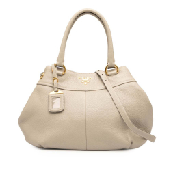 Prada B Prada Brown Light Beige Calf Leather Vitello Daino Open Convertible Tote Italy
