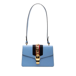 Gucci B Gucci Blue Light Blue Calf Leather Small Sylvie Web Satchel Italy