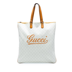 Gucci B Gucci White Coated Canvas Fabric GG Supreme Heritage Logo Flat Zip Tote Italy