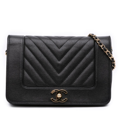 Chanel Black Sheepskin Leather Leather Chevron Sheepskin Mademoiselle Vintage Wallet on Chain Italy