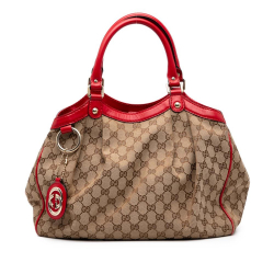 Gucci B Gucci Brown Beige with Red Canvas Fabric Medium GG Sukey Tote Italy