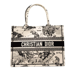 Christian Dior B Dior White Canvas Fabric Medium Embroidered Zodiac Toile De Jouy Book Tote Italy