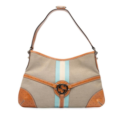 Gucci B Gucci Brown Beige Canvas Fabric Web Reins Shoulder Bag Italy