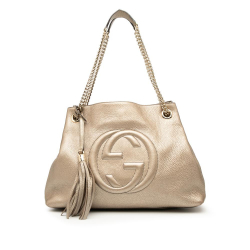Gucci B Gucci Gold Light Gold Calf Leather Medium Metallic Soho Chain Tote Italy