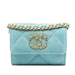 Chanel B Chanel Blue Light Blue Denim Fabric Quilted 19 Card Holder with Chain Italy