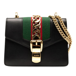 Gucci B Gucci Black Calf Leather Mini Web Sylvie Chain Crossbody Italy