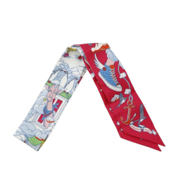 Hermès AB Hermès Pink Strawberry with Multi Silk Fabric Sur Mon Nuage Twilly Scarf France