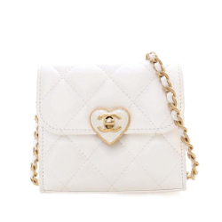 Chanel White Lambskin Leather Leather Mini Quilted Lambskin CC Enamel Heart Clutch With Chain Italy