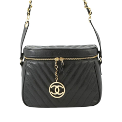 Chanel B Chanel Black Caviar Leather Leather CC Chevron Caviar Vanity Case with Chain Italy