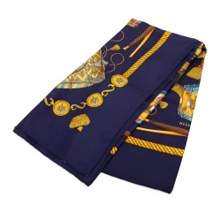 Hermès AB Hermès Blue Navy Silk Fabric Les Tambours Scarf 90 France
