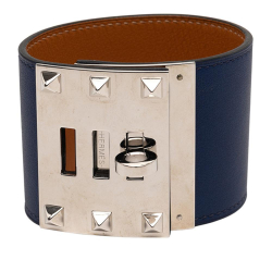 Hermès B Hermès Blue Navy Calf Leather Swift and Palladium Plated Kelly Extreme Dog Bracelet France