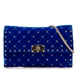 Valentino B Valentino Blue Velvet Fabric Quilted Rockstud Spike Wallet on Chain Italy
