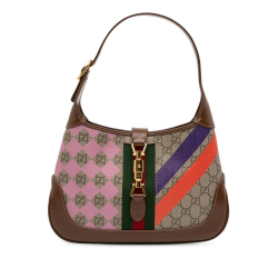Gucci B Gucci Brown Beige Coated Canvas Fabric Small GG Supreme Web Geometric Jackie 1961 Crossbody Italy